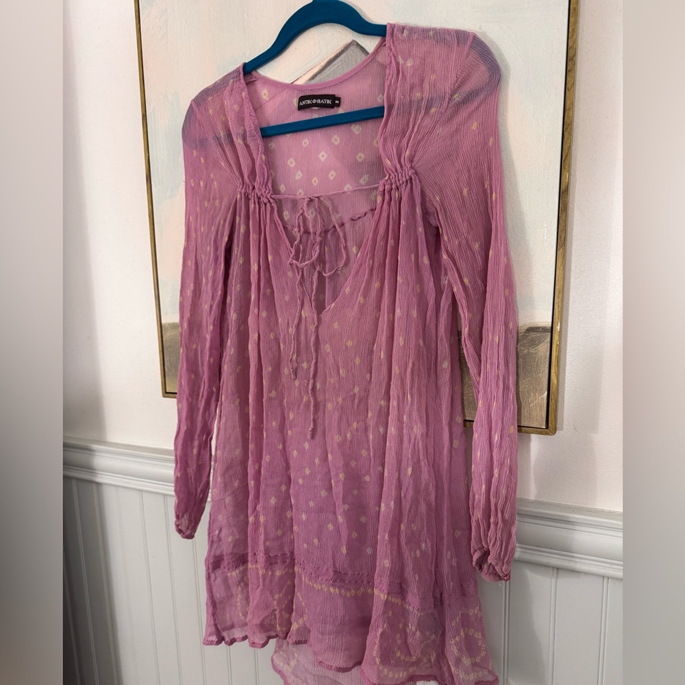 ANTIK BATIK 100% Silk Mulberry Pink Sheer Mini Dress Size M - Picture 2 of 9